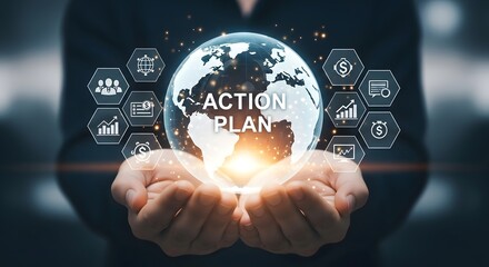 Fototapeta premium Global action plan and business strategy with digital icons