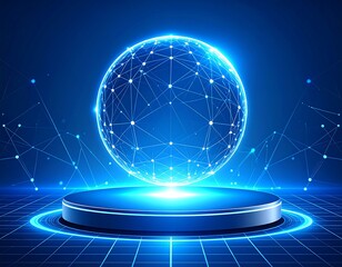 Glowing blue sphere on a platform with a grid pattern background