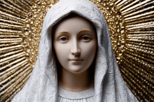Statue of Virgin Mary in ornate white robe with golden rays backdrop symbolizing divine grace spiritual light and traditional Catholic iconography