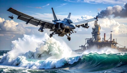Aircraft Flying Over Ocean Waves with Industrial Structure