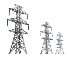 Three metallic electricity pylons standing in a row, showcasing different heights on transparent background.