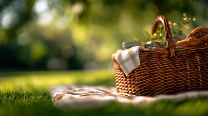 Picnic basket on green field with soft afternoon sunlight