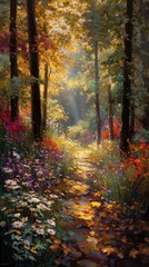 Naklejka premium Sunlight filters through a vibrant autumn forest illuminating a leaf strewn path