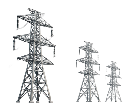 Three metallic electricity pylons standing in a row, showcasing different heights on transparent background.