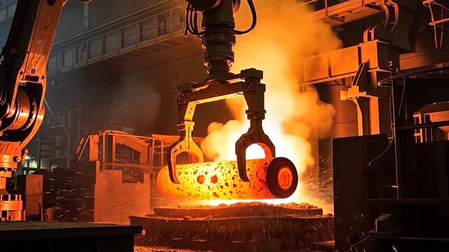Heavy industrial robotic arm precisely handling a glowing hot metal billet in a steel factory