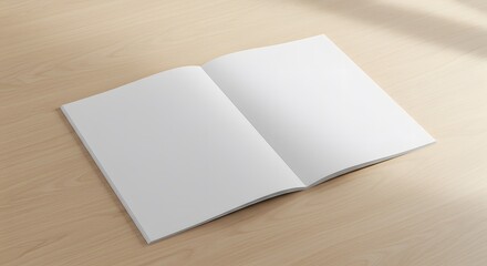 Blank Magazine Mockup: Open Pages on Light Wood, Soft Sunlight