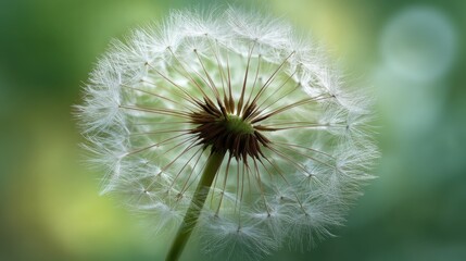 Fototapeta premium Delicate dandelion seed head illuminated by soft light against a blurred green background