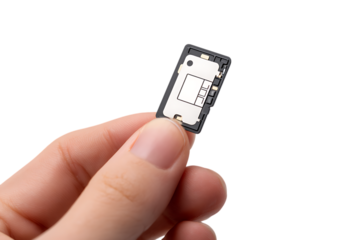 Hand holding a small SIM card.