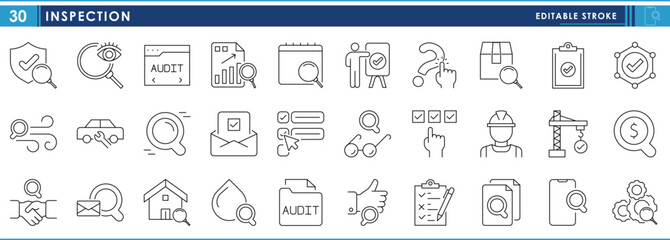 A set of line icons related to Inspection. Quality, checklist, worker, inspect, smartphone, repair, check, approve, and so on. Vector editable stroke.