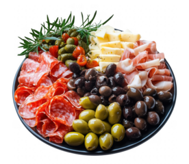 Gourmet antipasto platter featuring assorted meats cheeses olives pickles and herbs transparent background