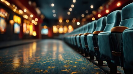 A cinematic interior featuring rows of plush seats with a blurred background, evoking a cozy and inviting atmosphere.