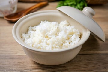 Cooked white rice or steamed rice in a white plate, thai jasmine rice, thai fragrant rice