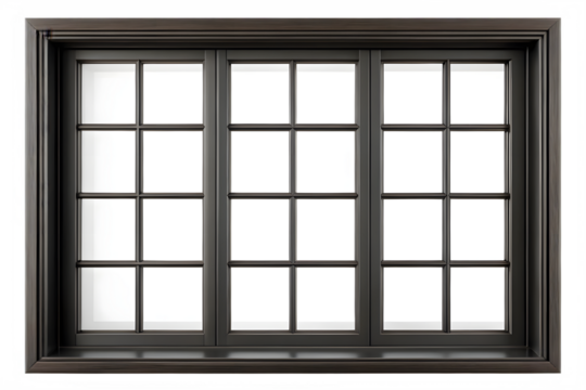 Modern black casement window with multiple panes and a dark wood frame, isolated on transparent background