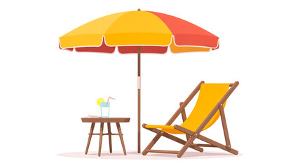 A flat, minimalist illustration of a beach scene with a yellow and red striped beach umbrella, a wooden deck chair, and a small side table. 