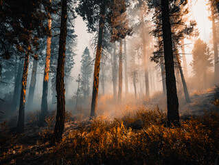 Fototapeta premium Sunlit forest landscape with tall trees and warm golden hues