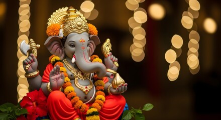 Close up of ganesha idol with orange flowers and golden ornaments against a bokeh background light