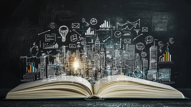 A high-resolution, large-canvas image depicts an open notebook against a black background, with business icons and graphs dynamically emerging from its pages.