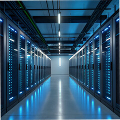 Fototapeta premium Corridor inside an empty network server room with servers