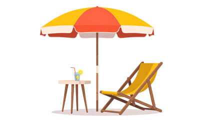 A flat, minimalist illustration of a beach scene with a yellow and red striped beach umbrella, a wooden deck chair, and a small side table. 
