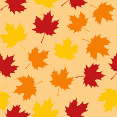 Obraz premium A seamless pattern of scattered autumn maple leaves in warm red, orange, and yellow colors.