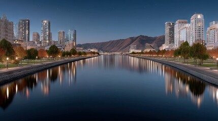 Naklejka premium City Riverfront at Night with Building Reflections