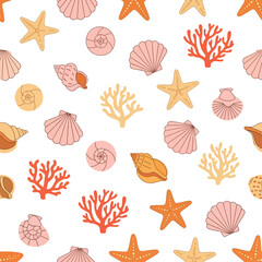 A repeating pattern featuring various seashells, starfish, and coral elements scattered on a white background.