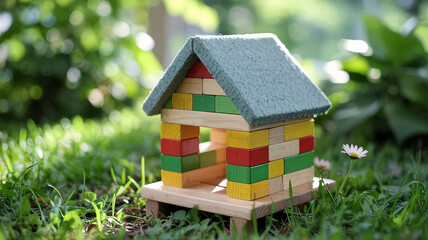 Adorable toy house built from colorful blocks in lush garden setting for youthful imagination and childhood fun