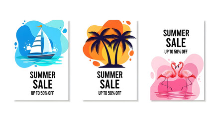 Summer Sale Posters with Ocean, Sunset, and Flamingo Motifs