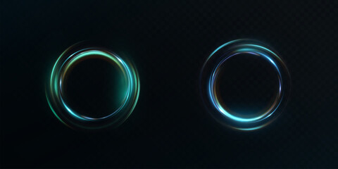 Glowing round elements with glossy highlights and transparent green glow on a dark background. Abstract circular light effect suitable for interfaces, portals, energy and digital themes.