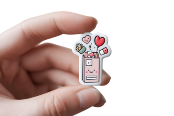 Cute Valentine's Day enamel pin held in hand.