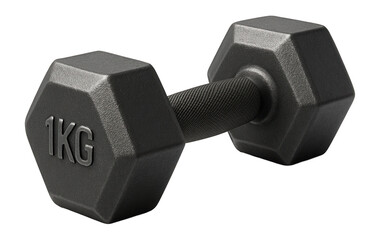 Black 1kg hexagonal dumbbell with a textured metal grip on transparent background.