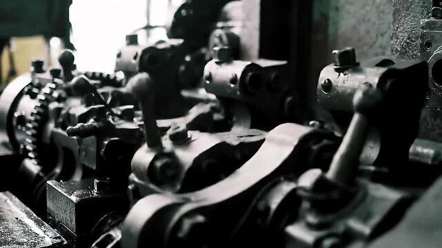 Complex black and white machinery close-up, showing industrial metal, valves, and bolts