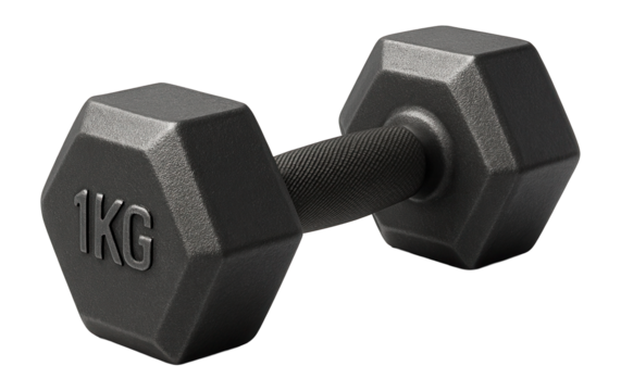 Black 1kg hexagonal dumbbell with a textured metal grip on transparent background.