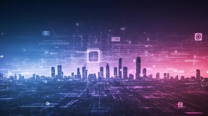 A cityscape silhouette overlaid with digital circuits in blue and purple tones - Powered by Adobe