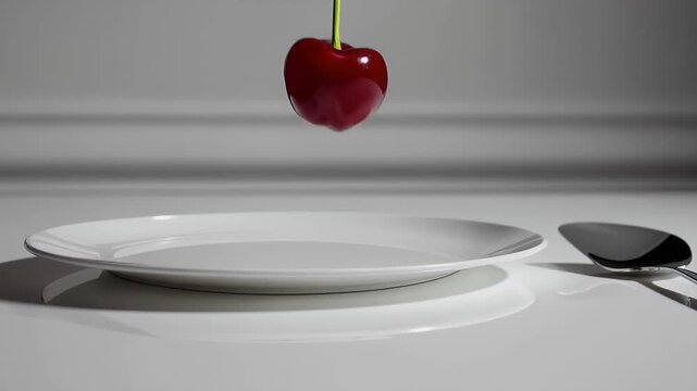 clean 4k slow motion clip of a single cherry berry falling onto an elegant white plate with fork and knife representing minimalist food presentation and a unique take on healthy diet visuals