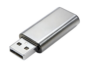 Silver metal usb flash drive with a brushed finish, isolated on transparent background