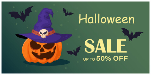 Halloween Sale Banner: Spooky Pumpkin in Purple Witch Hat with Up to 50% Off. Perfect for seasonal promotions, online stores and Halloween discount ads.