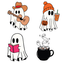 Cute Halloween Ghosts with Cowboy Hat, Drink, Book, and Cocoa