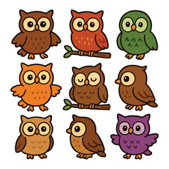Nine Adorable Cartoon Owls in Various Colors and Poses