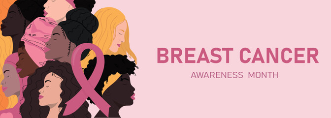Multiethnic women portrait with pink ribbon. Breast cancer concept. Disease prevention, solidarity or charity campaign flyer.