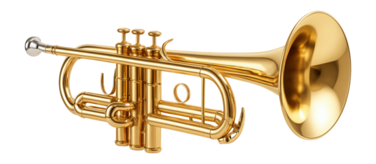 Shiny golden brass trumpet featuring detailed valves and mouthpiece on transparent background.