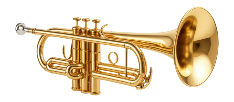 Shiny golden brass trumpet featuring detailed valves and mouthpiece on transparent background.