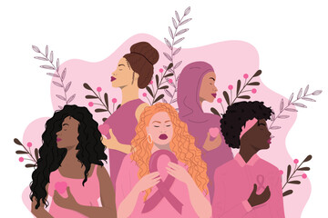 Breast cancer awareness month banner. Multiethnic group of women with pink ribbon.  Disease prevention, solidarity or charity campaign flyer. 