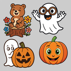 Cute Halloween Characters and Pumpkin