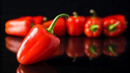Vibrant red bell peppers gleaming on a dark reflective surface