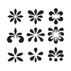 A set of eight black floral decorative elements arranged on a white background.