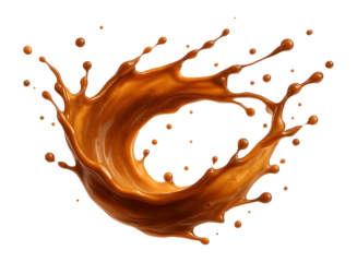 Dynamic splash of rich brown liquid forming an intricate arc with scattered droplets on transparent background.