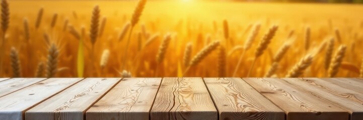 Rustic wooden table, white tablecloth, wheat field backdrop, simple, image, minimal