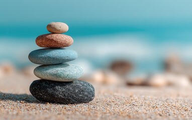 Stacked stones on beach sand, serene scene