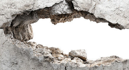 Large, irregular hole in weathered concrete wall.  Cracked, rough texture